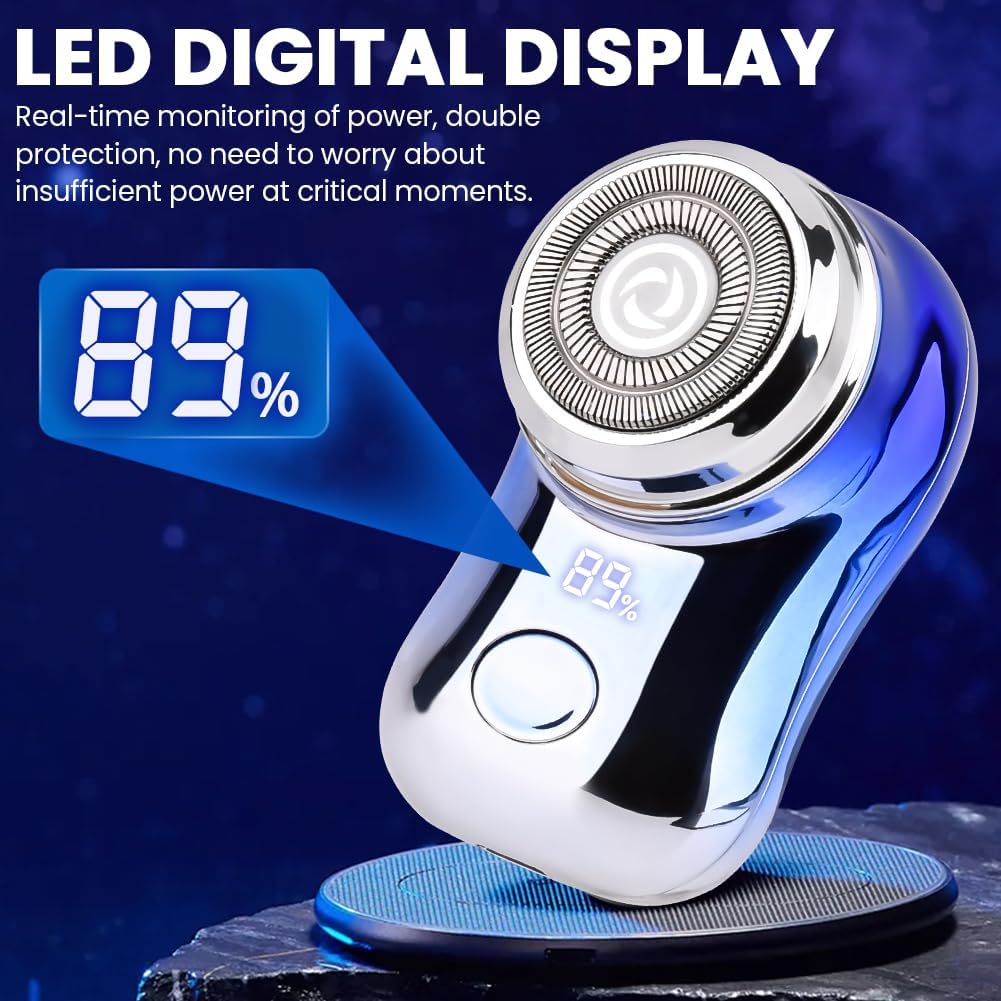 Mini Travel Electric Shaver, Portable Pocket Size Rechargeable Shaving Razor Lightweight Razor with Battery Power Display Wet & Dry Rotary for Teen Office Business(Gradient Blue) - Image 2