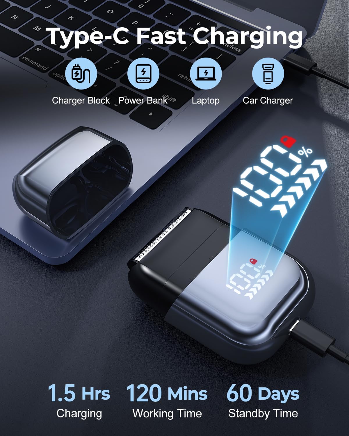 Foil Shavers for Men, Mini Electric Razors for Close Shaving Face with High Speed 3 Floating Blade Heads, USB C Fast Rechargeable Foil Shaver IPX7 Waterproof Wet Dry Travel Locked/Led Display - Image 2