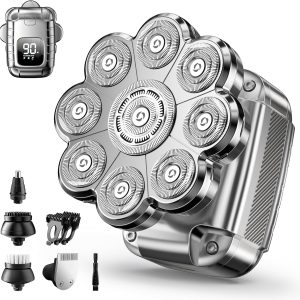 9D Head Shavers for Bald Men, 5 in 1 Detachable Head Shaver with LED Display, IPX7 Waterproof Wet Dry Rechargeable Electric Shavers for Men Grooming Kit for Home & Travel